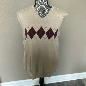 Izod Golf Men's Argyle Sweater Vest V Neck Size Large 100% Cotton Tan ⭐